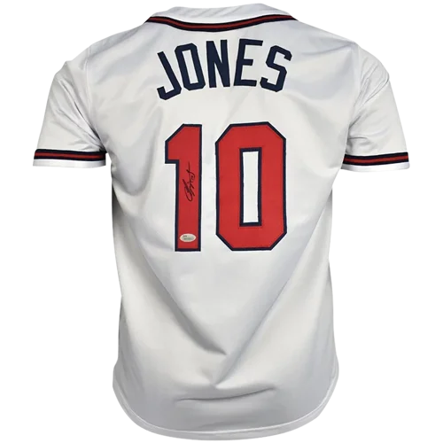 Chipper Jones autographed white custom jersey with Jones 10 in red navy outline