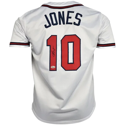Chipper Jones autographed white custom jersey with Jones 10 in red navy outline