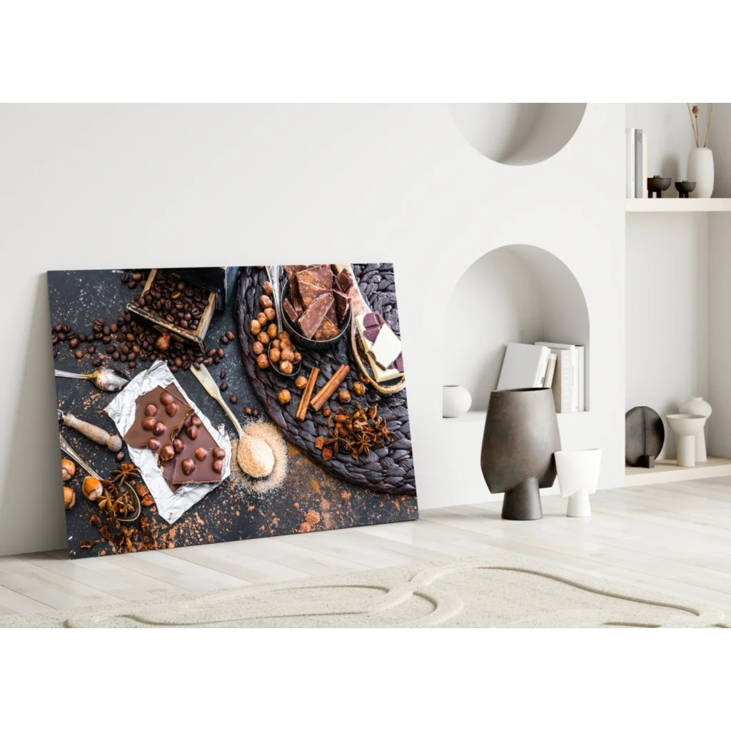 Rustic chocolate coffee glass wall art print of dark still life on canvas