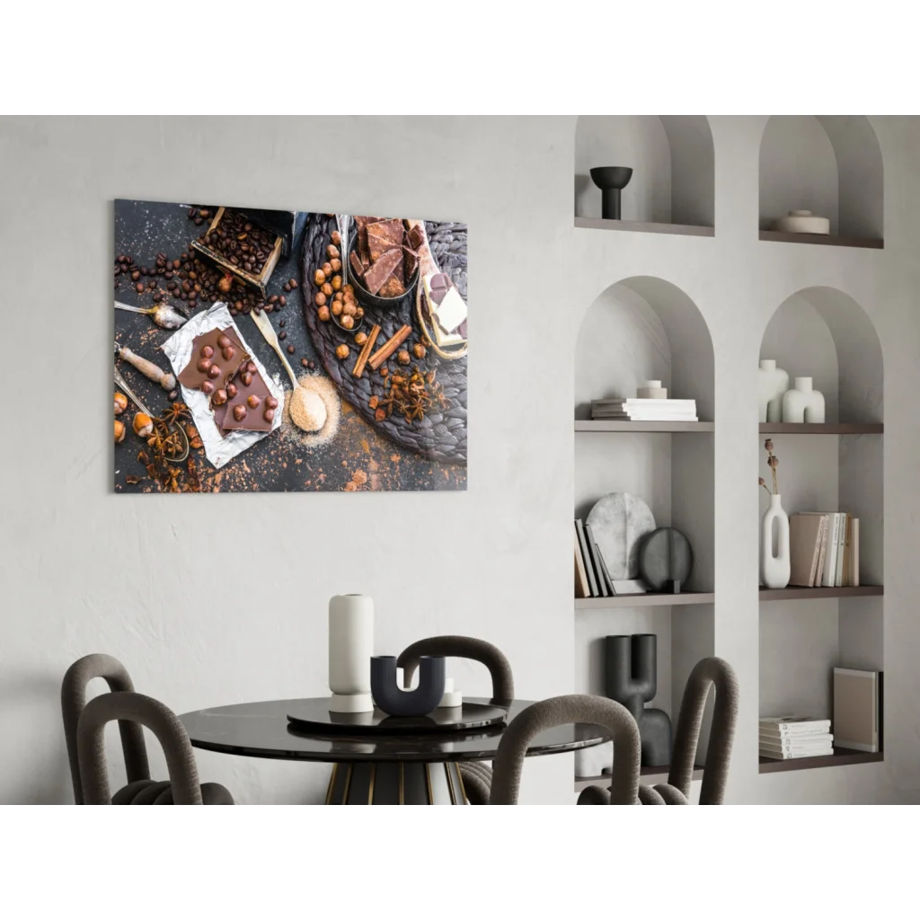 Rustic chocolate coffee glass wall art print of hazelnuts and spices