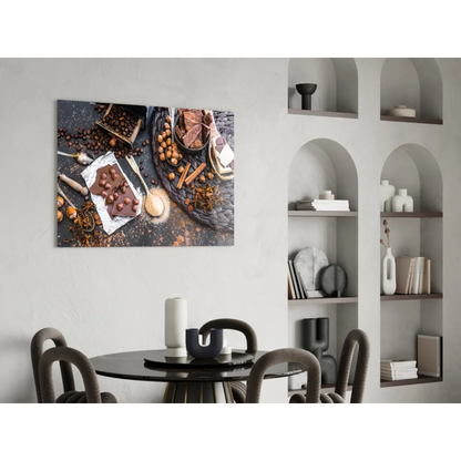 Rustic chocolate coffee glass wall art print of hazelnuts and spices