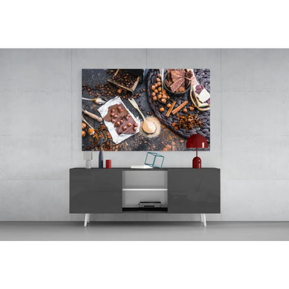 Rustic chocolate coffee glass wall art print with nuts and beans