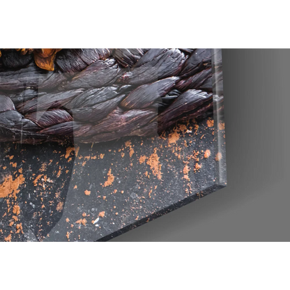 Rustic chocolate coffee glass wall art with dark braided glossy rope on speckled black surface