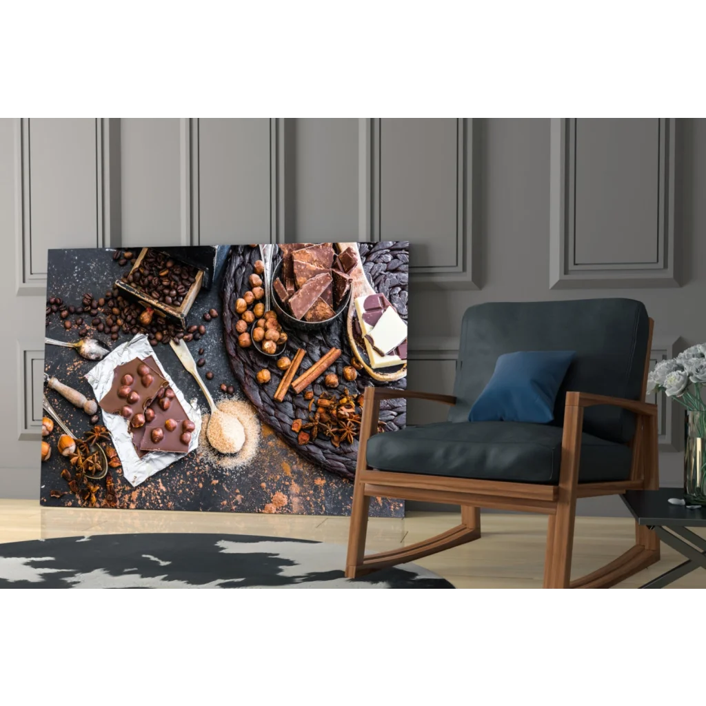 Rustic dark chocolate bar with hazelnuts on glass wall art print