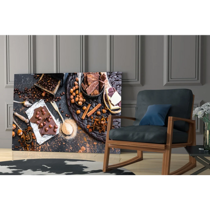 Rustic dark chocolate bar with hazelnuts on glass wall art print