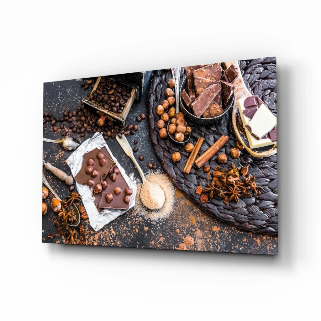 Rustic dark chocolate bar with hazelnuts glass wall art print