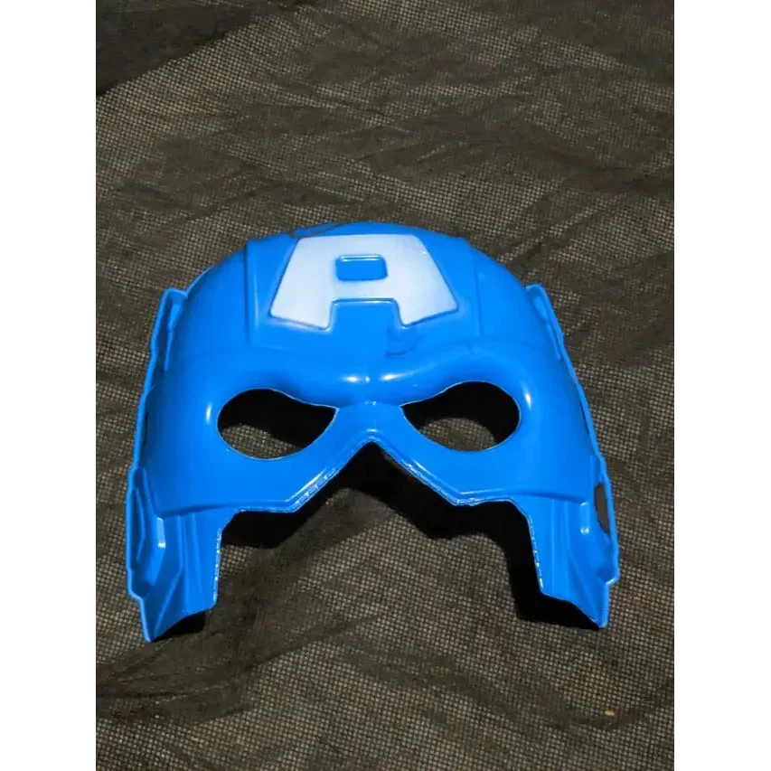 Blue plastic Evans autographed Captain America mask with eyeholes and white A on forehead