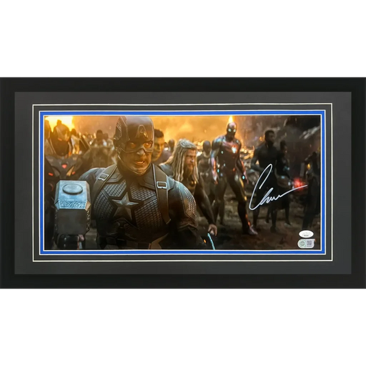 Chris Evans autographed deluxe framed 10x20 Captain America photo with Mjolnir