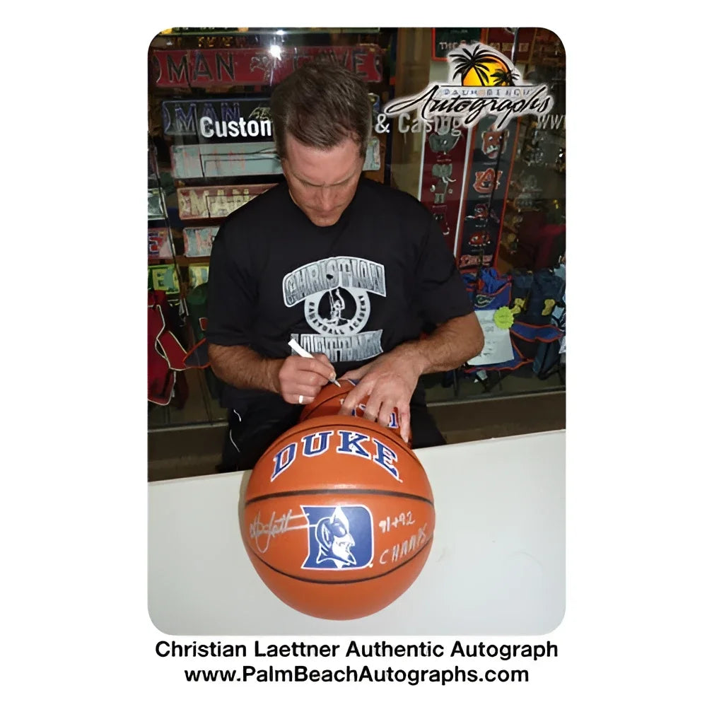 Christian Laettner autographed Duke Blue Devils basketball with 91 92 Champs