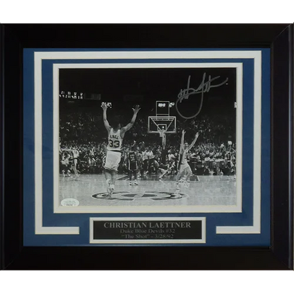 Framed 8x10 photo of Christian Laettner in Duke Blue Devils jersey, autographed and JSA authenticated
