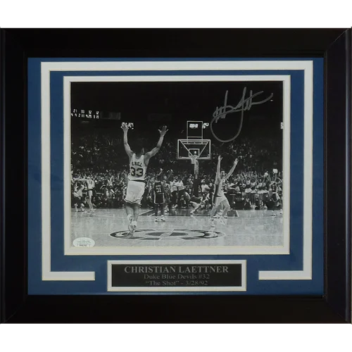 Framed 8x10 photo of Christian Laettner in Duke Blue Devils jersey, autographed and JSA authenticated