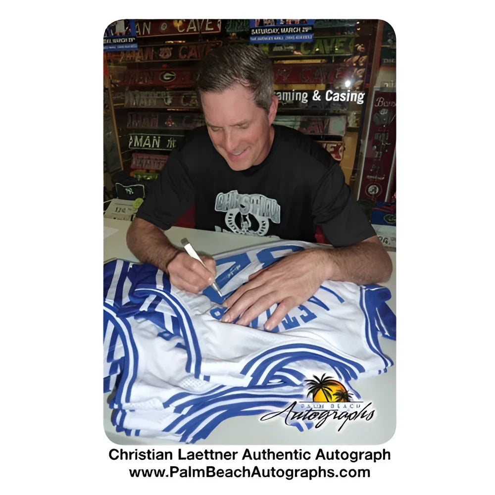 Christian Laettner autographed Duke Blue Devils white jersey with The Shot inscription