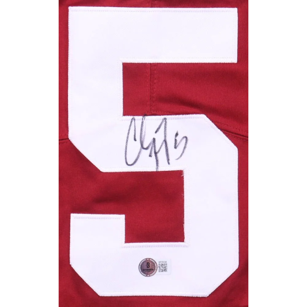 Red Christian McCaffrey signed jersey with white number 5 from Stanford Cardinal XL