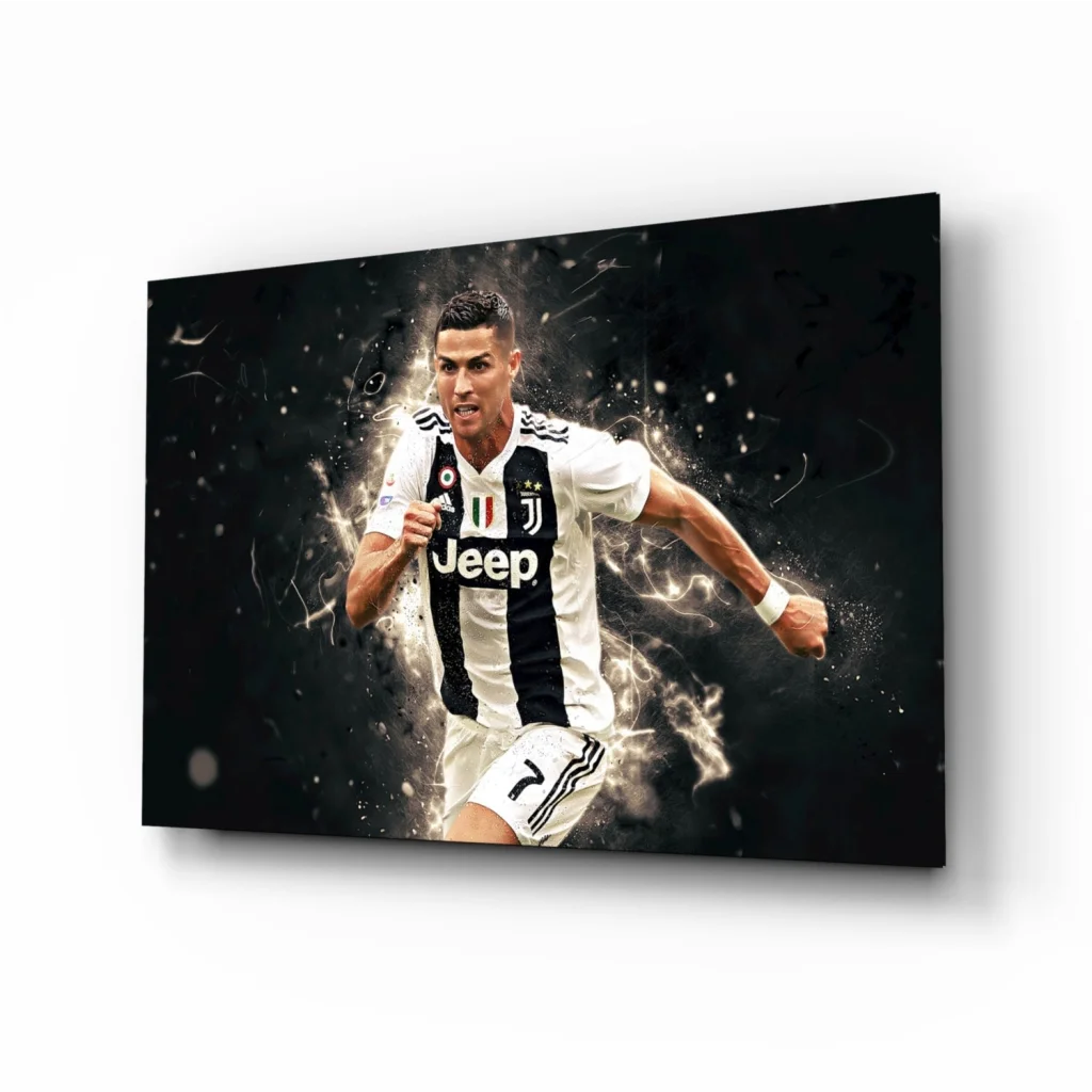 Black and white Ronaldo Juventus glass wall art on canvas