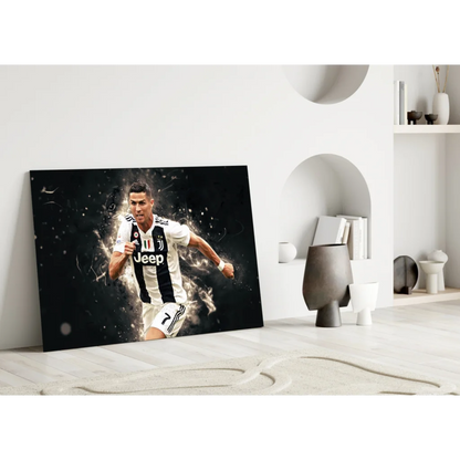 Cristiano Ronaldo in action on black and white Juventus glass wall art