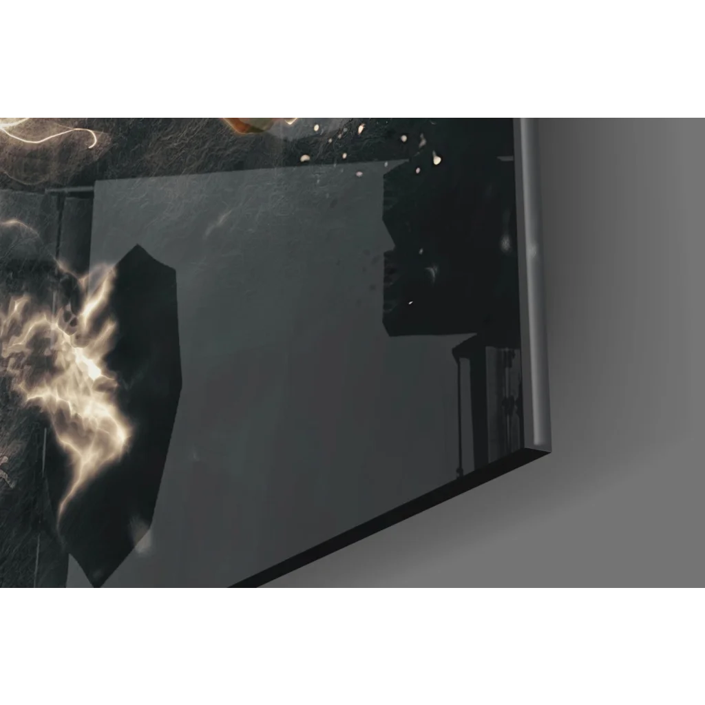 Sleek dark gray tablet on Ronaldo Juventus glass wall art in black and white