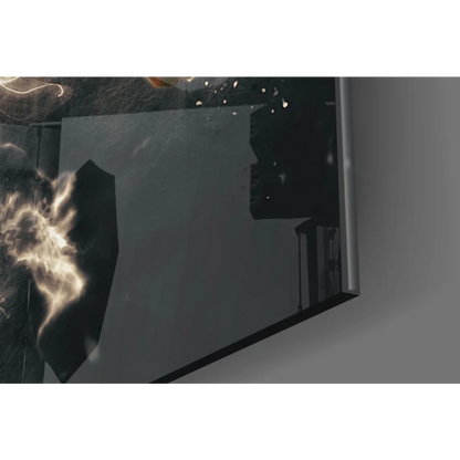 Sleek dark gray tablet on Ronaldo Juventus glass wall art in black and white