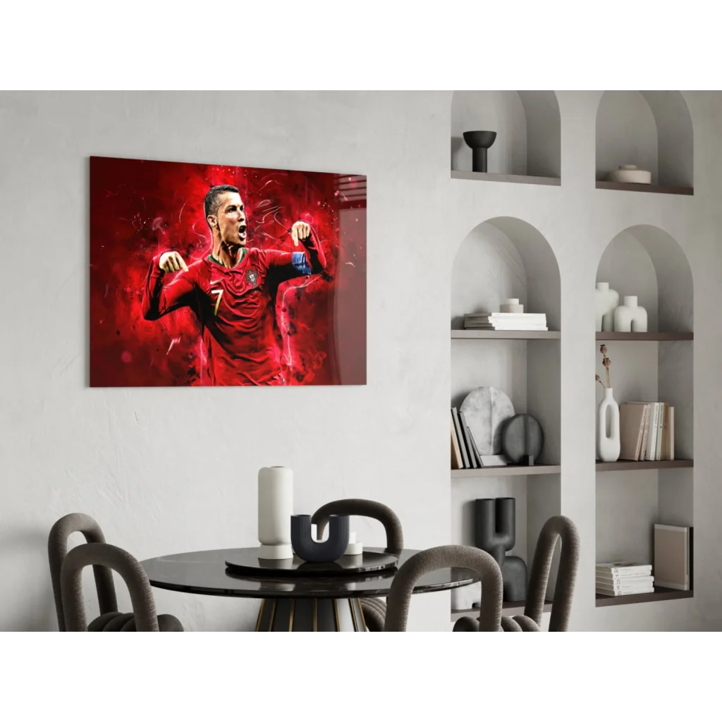 Vibrant CR7 Portugal fiery red glass wall art canvas print