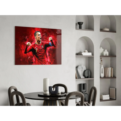 Vibrant CR7 Portugal fiery red glass wall art canvas print