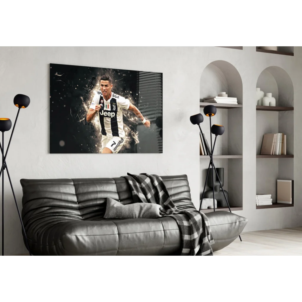 Black and white Ronaldo Juventus glass wall art poster