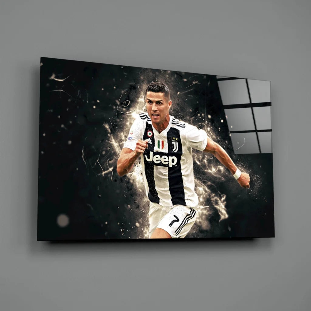 Cristiano Ronaldo in black and white Juventus Jeep jersey glass wall art