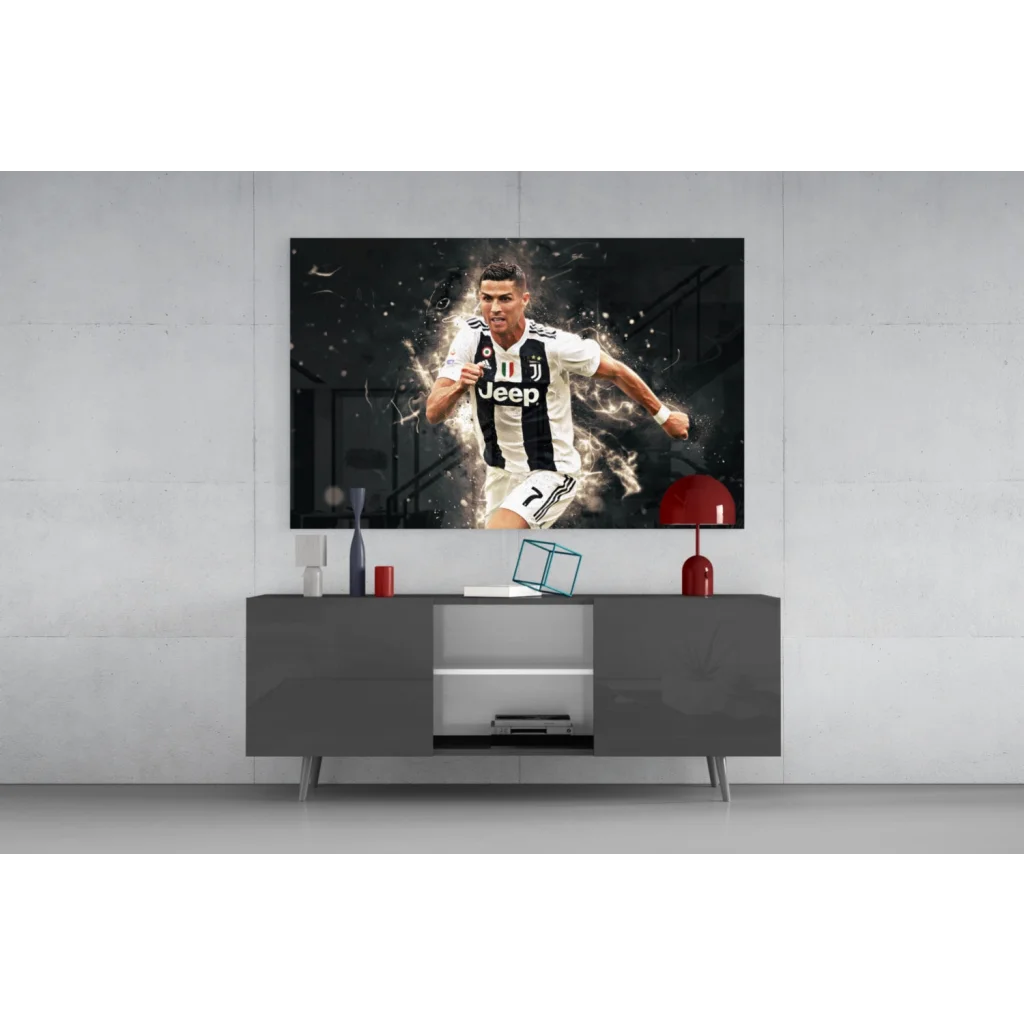 Cristiano Ronaldo in black and white Juventus glass wall art
