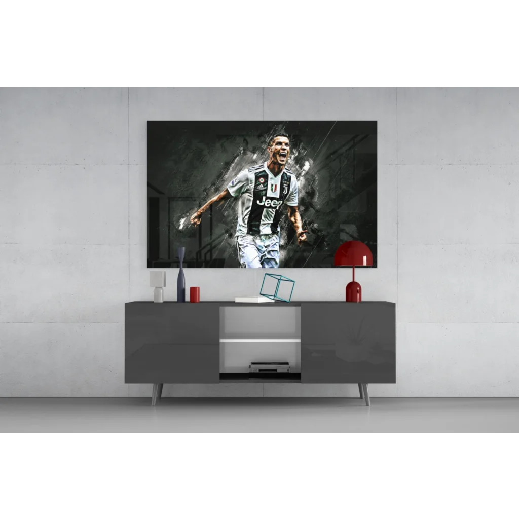 Cristiano Ronaldo Juventus black and white glass wall art print