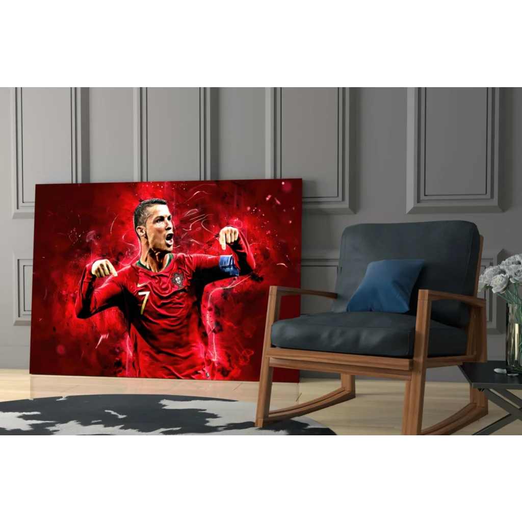Cristiano Ronaldo in Portugal jersey on fiery red glass wall art canvas print