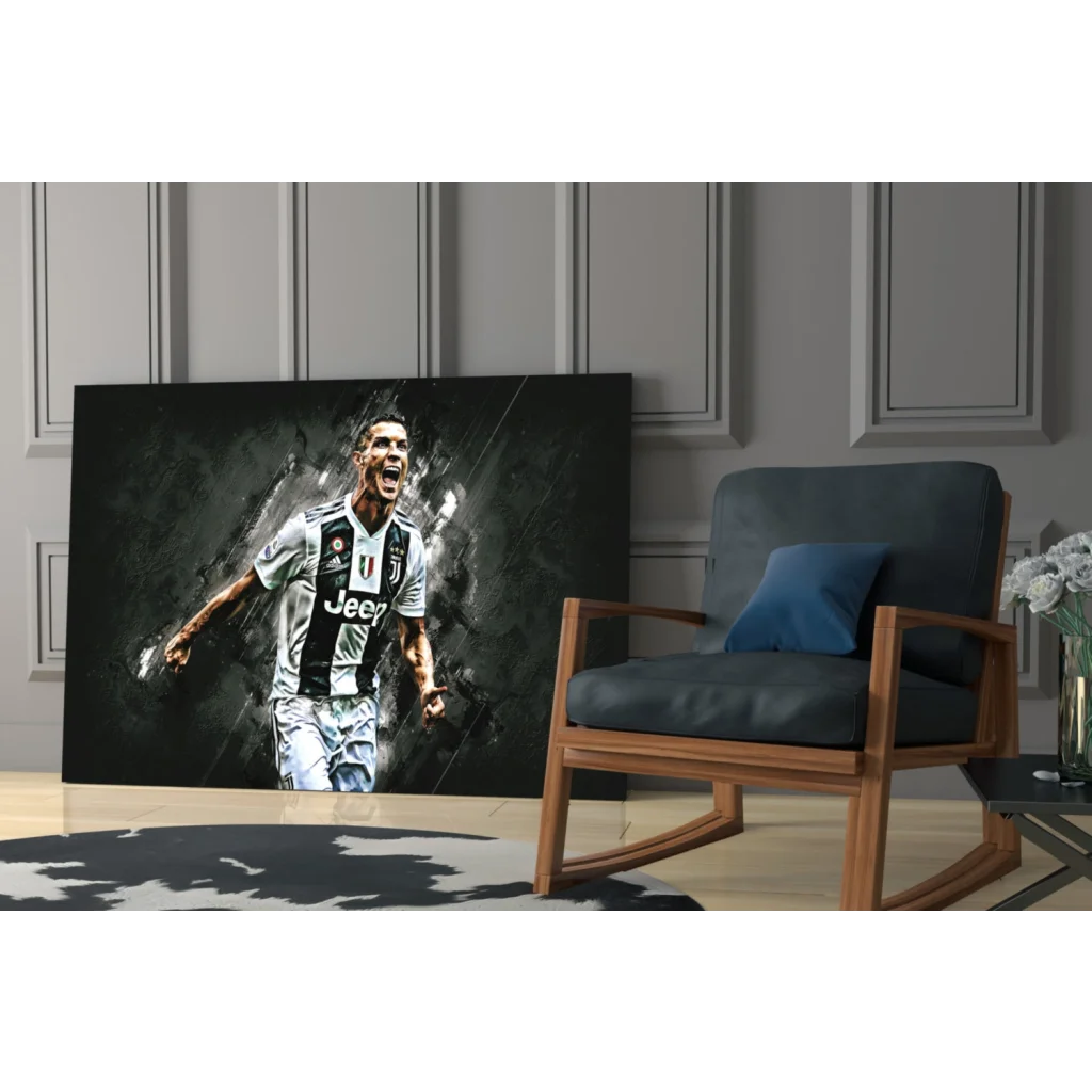 Cristiano Ronaldo in Juventus jersey on stunning glass wall art print