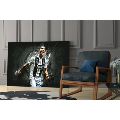 Cristiano Ronaldo in Juventus jersey on stunning glass wall art print