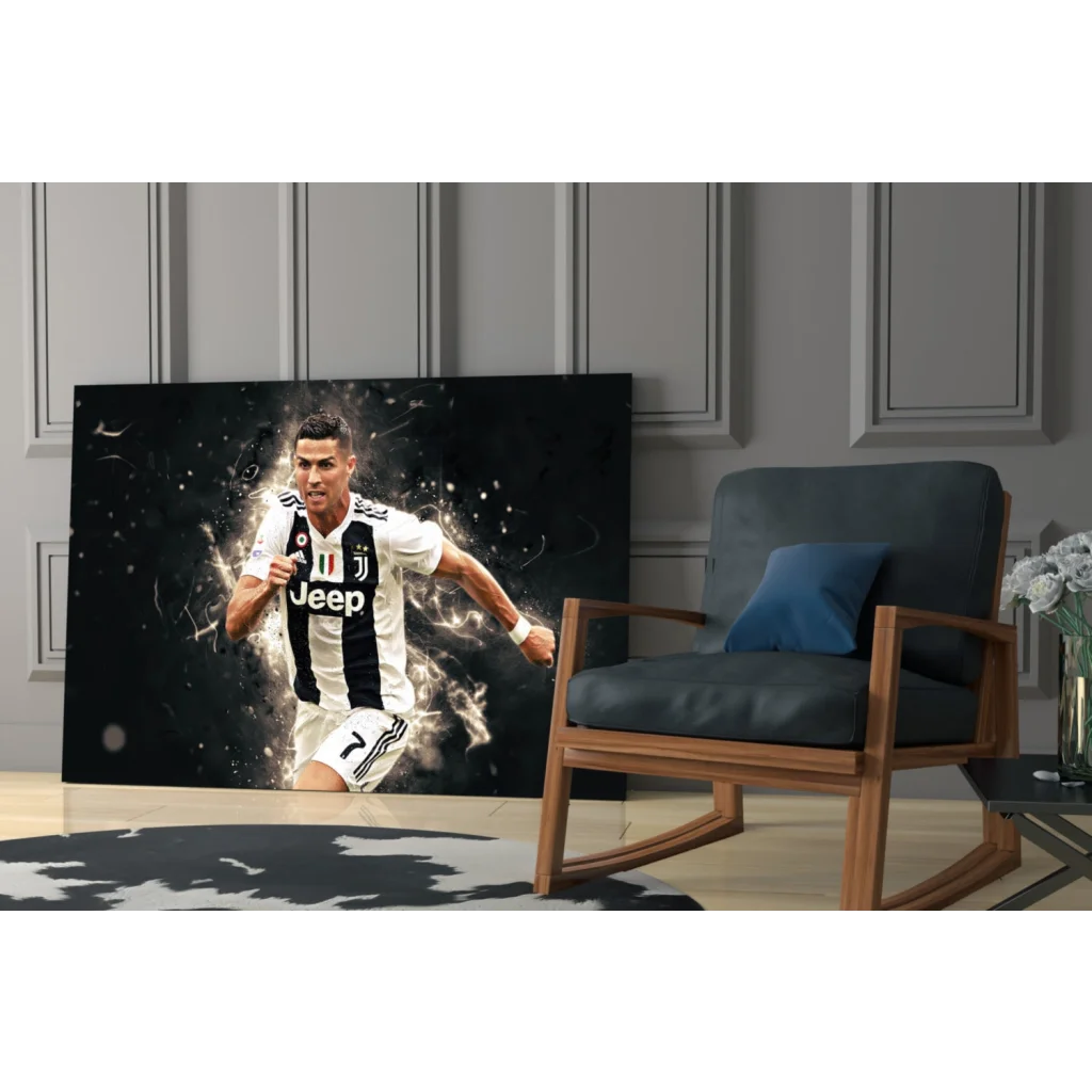Black and white Ronaldo Juventus glass wall art canvas print