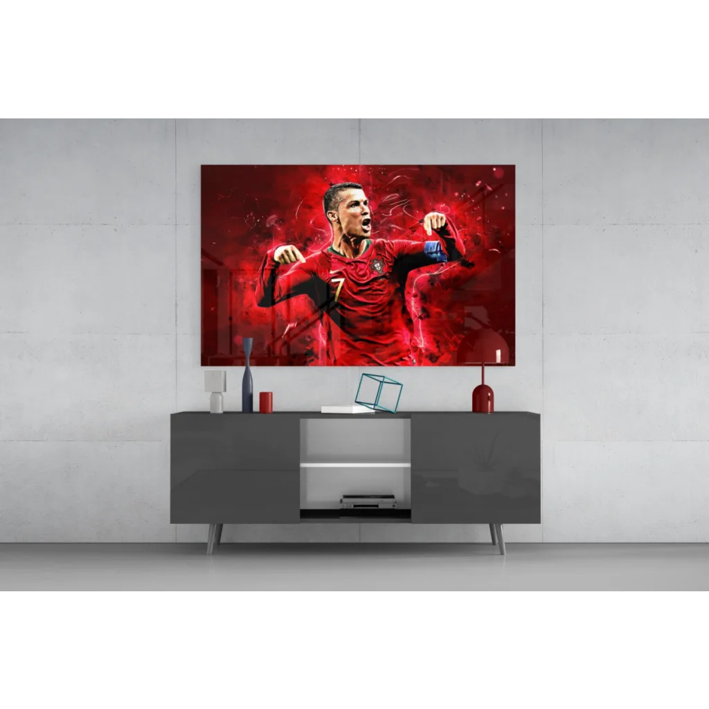 Fiery CR7 Portugal glass wall art canvas print in vibrant red
