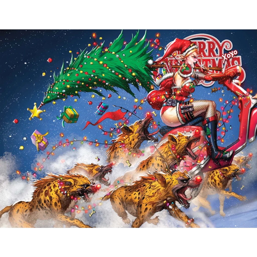 Harley Quinn in red santa outfit rides scooter in Christmas Moped Madness with lit hyenas