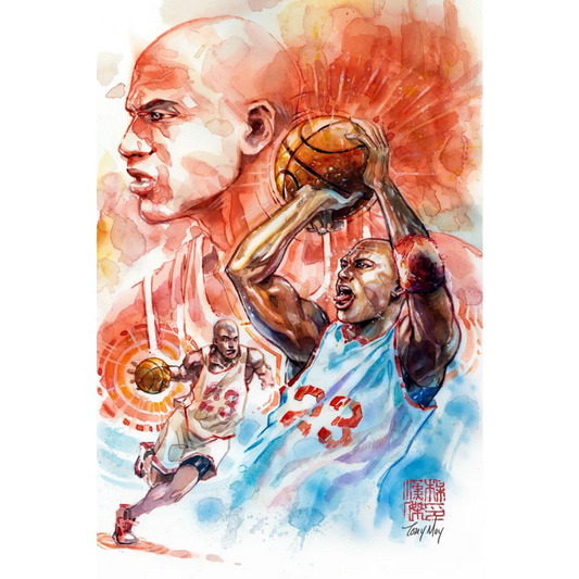Watercolor painting of Michael Jordan in basketball poses by Tony Moy for FAME Michael Jordan