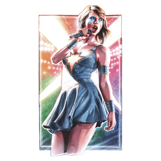 Illustration of a woman in a blue starburst dress singing into a microphone for Female Force Taylor Swift Comic Book Adventure