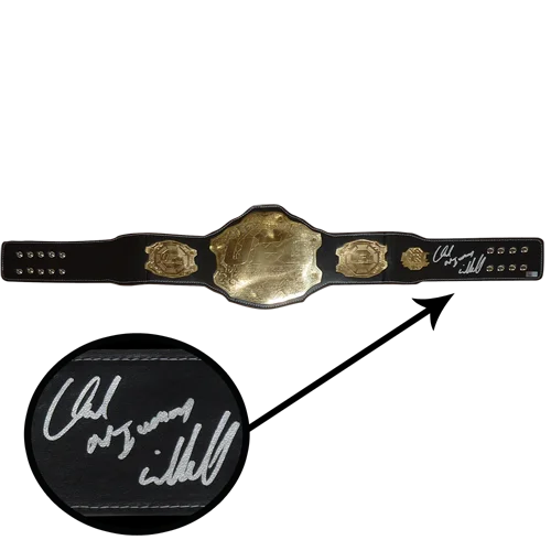 Gold-plated chuck liddell autographed ufc custom model championship belt with black leather straps and engraved signatures
