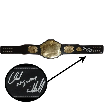 Gold-plated chuck liddell autographed ufc custom model championship belt with black leather straps and engraved signatures