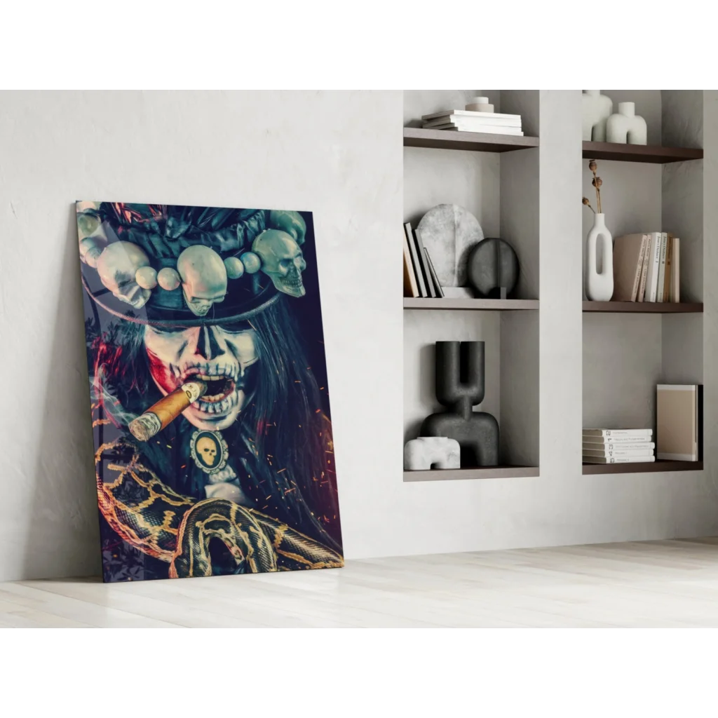 Badass skeleton woman glass wall art with glowing green skulls and snake