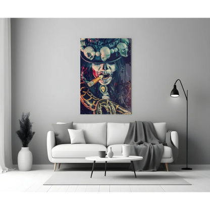 Badass skeleton woman glass wall art with skulls, hat, cigar, and sparks