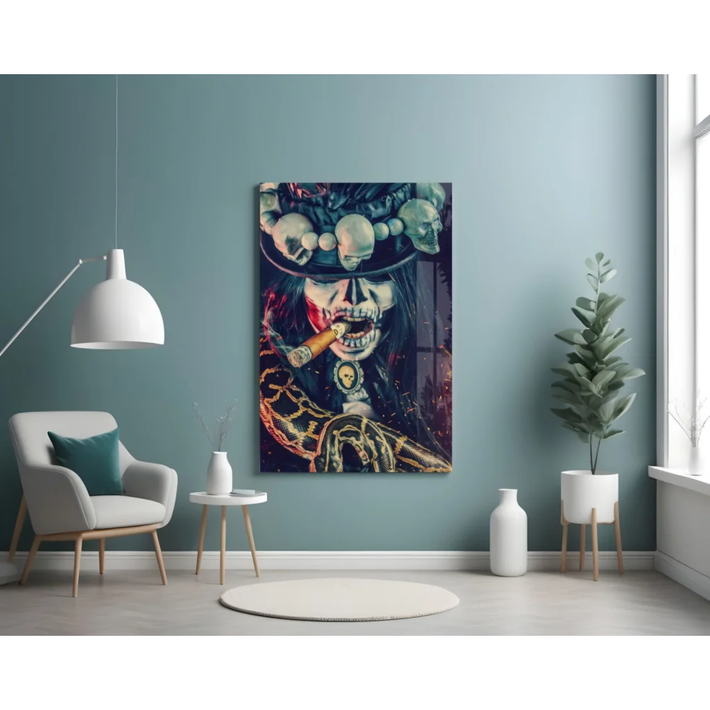 Badass skeleton woman glass wall art with skulls and gold accents
