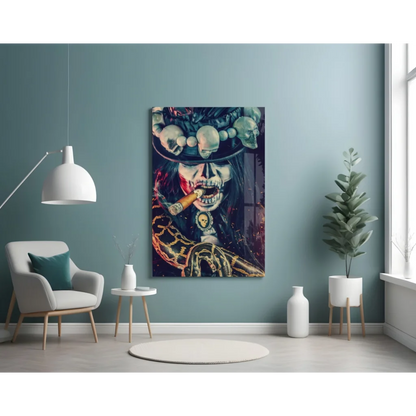 Badass skeleton woman glass wall art with skulls and gold accents