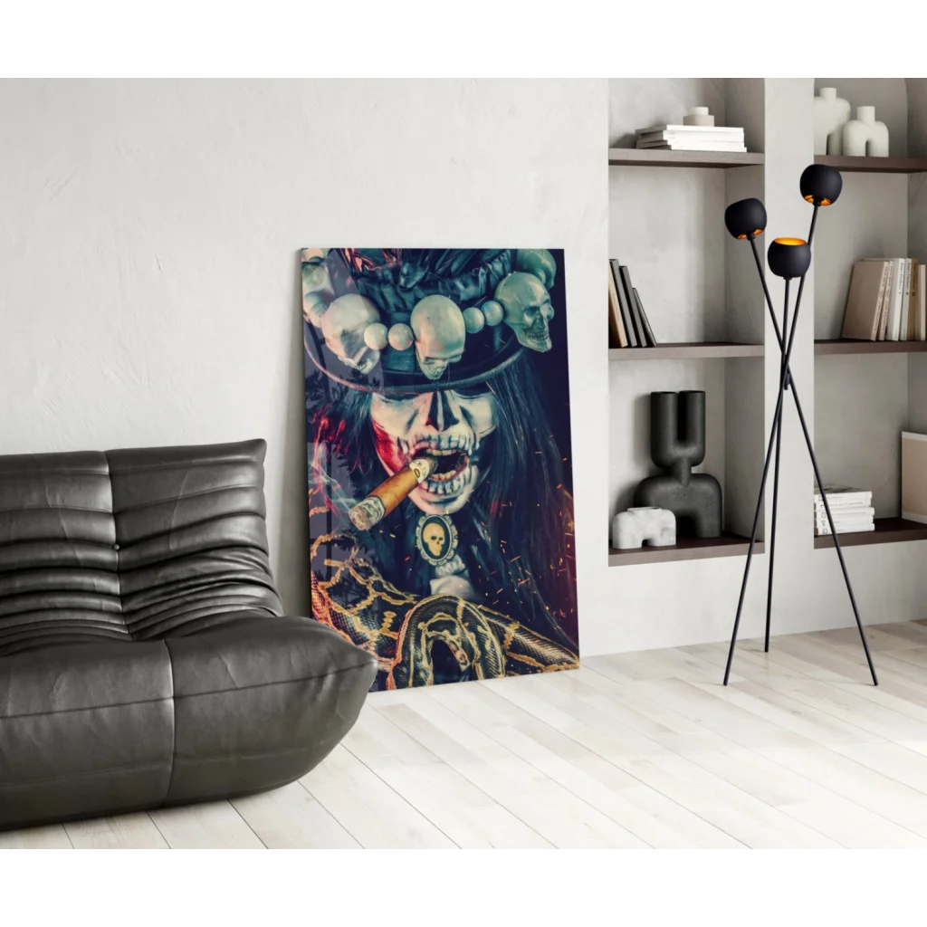 Badass skeleton woman glass wall art with ornate skull headdress and cigar