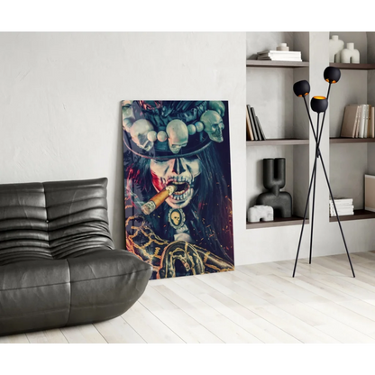 Badass skeleton woman glass wall art with ornate skull headdress and cigar