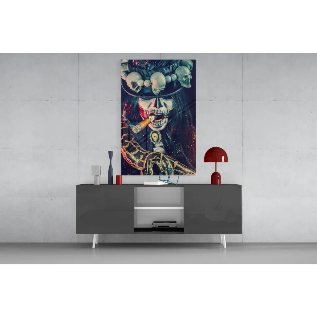 Badass skeleton woman glass wall art with skulls and sparks