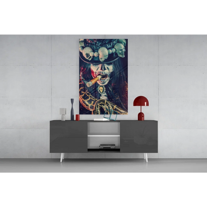 Badass skeleton woman glass wall art with skulls and sparks