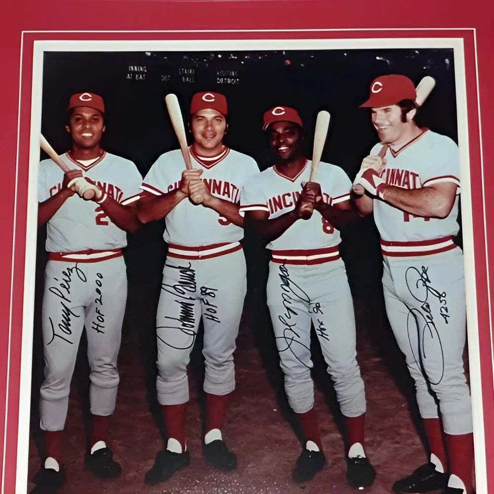 Cincinnati Reds Big Red Machine autographed photo frame with striped wooden bat set