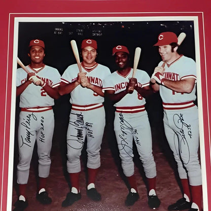 Cincinnati Reds Big Red Machine autographed photo frame with striped wooden bat set