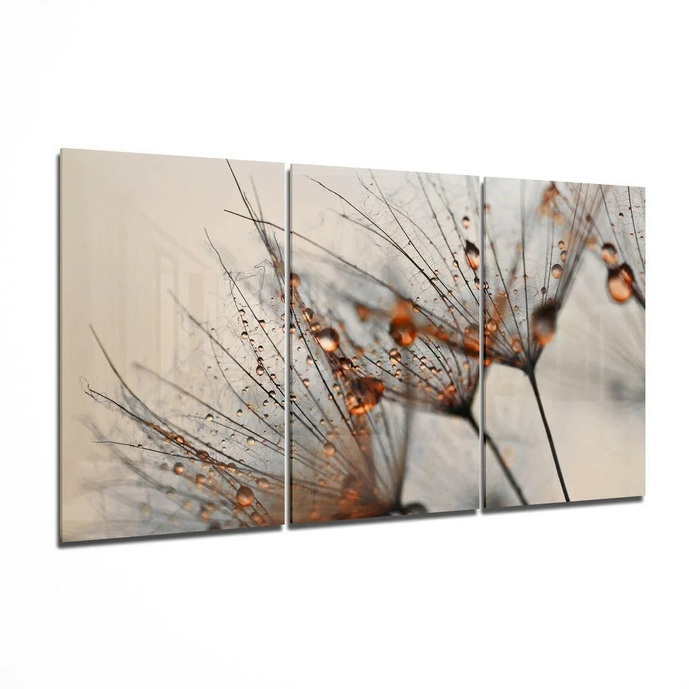 Amber dewdrop dandelion wall art triptych canvas set in beige tones