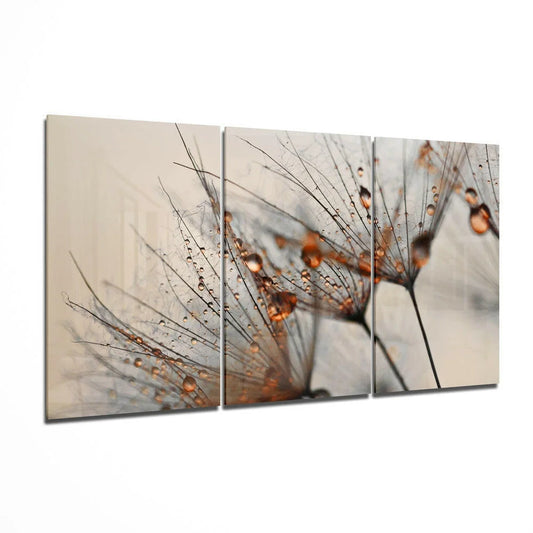 Amber dewdrop dandelion wall art triptych canvas set in beige tones