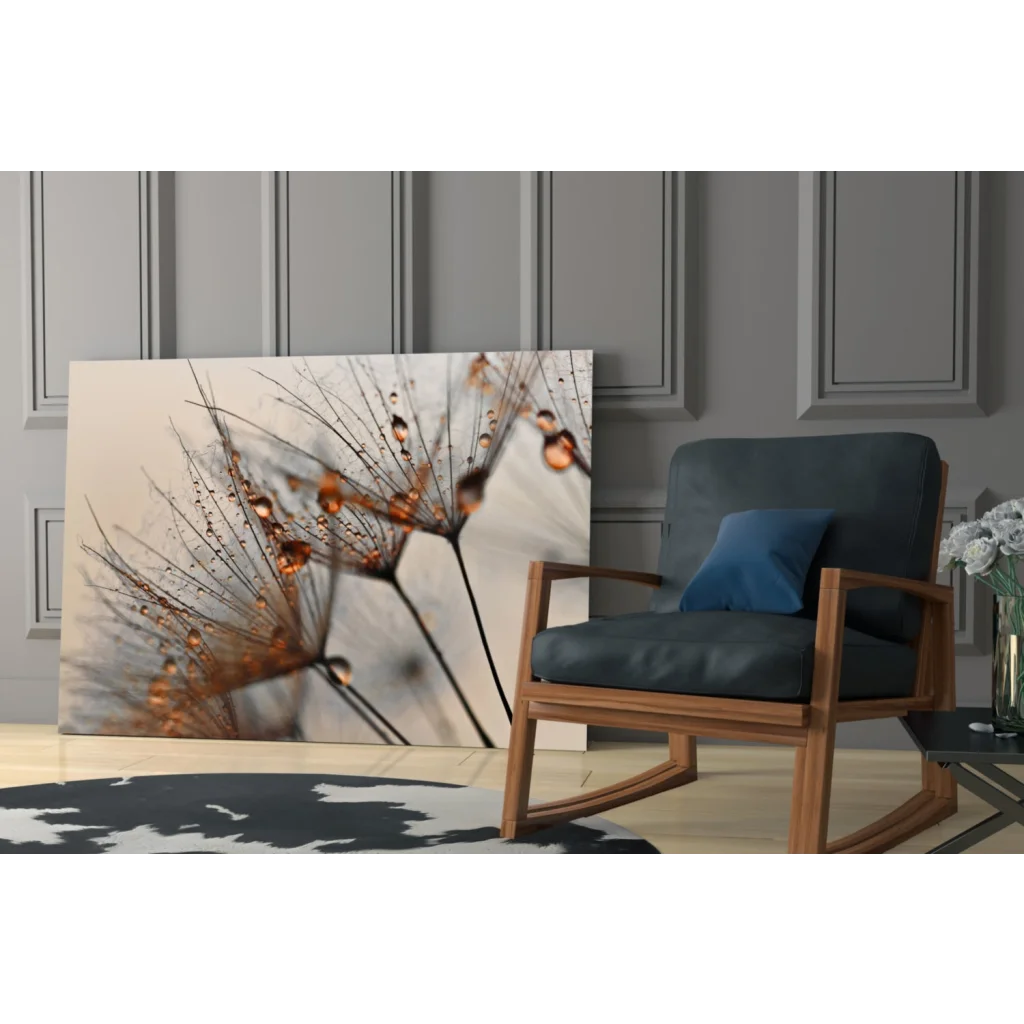 Amber dewdrop dandelion canvas wall art print with dried stems and droplets